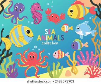 Fish and wild marine animals. Inhabitants of the sea, cute, funny underwater crabs, octopus, seahorse. Flat cartoon illustration. Underwater Scene with Sea Life