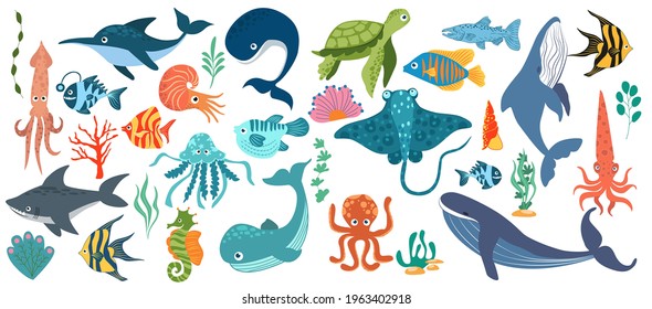 Fish and wild marine animals are isolated on white background. Inhabitants of the sea world, cute, funny underwater creatures dolphin, shark, ocean crabs, sea turtle, shrimp. Flat cartoon illustration