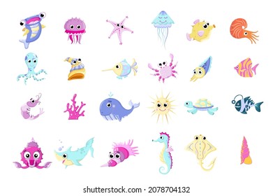 Fish and wild marine animals are isolated on white background. Inhabitants of the sea world, cute, funny underwater creatures dolphin, shark, ocean crabs, sea turtle, shrimp. Flat cartoon illustration