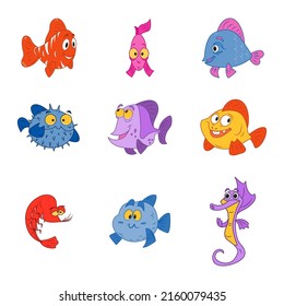 Fish and wild marine animals are isolated on white background. Inhabitants of the sea world, cute, funny underwater creatures fish, seahorse, shrimp. Flat cartoon illustration.