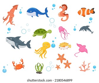  Fish and wild marine animals isolated on white background. cute, funny underwater