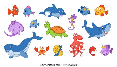 Fish and wild marine animals are isolated on white background. Inhabitants of the sea world, cute, funny underwater creatures dolphin, shark, ocean crabs, sea turtle, shrimp. Flat  illustration.