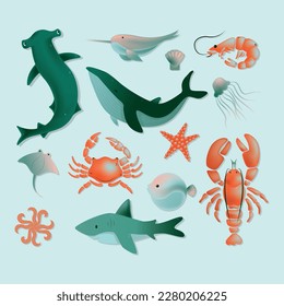 Fish and wild marine animals are isolated on blue background. Inhabitants of the sea world, cute, funny underwater creatures shark, ocean crabs, sea turtle, shrimp. Flat modern illustration