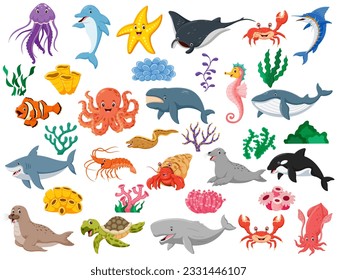 Fish and wild marine animals are isolated on white background. Inhabitants of the sea world, cute, funny underwater creatures dolphin, shark, ocean crabs, sea turtle, shrimp. Vector illustration