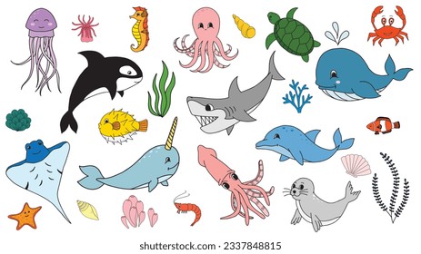 Fish and wild marine animals are isolated on white background. Inhabitants of the sea world, cute, funny underwater creatures dolphin, shark, ocean crabs, sea turtle, shrimp. Flat cartoon illustration