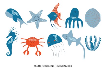 Fish and wild marine animals are isolated on white background. Vector illustration. 