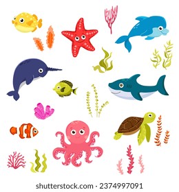 Fish and wild marine animals are isolated on white background. Inhabitants of the sea world, cute, funny underwater creatures dolphin, shark, ocean crabs, sea turtle, shrimp. Flat cartoon illustration