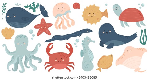 Los peces y los animales marinos salvajes están aislados de fondo blanco. Habitantes del mundo del mar, lindas y divertidas criaturas submarinas delfines, tiburones, cangrejos oceánicos, tortugas marinas, camarones. Ilustración de dibujos animados planos