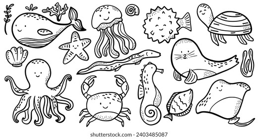 Fish and wild marine animals are isolated on white background. Inhabitants of the sea world, cute, funny underwater creatures dolphin, shark, ocean crabs, sea turtle, shrimp. Flat cartoon illustration