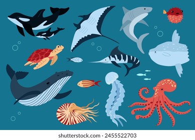 Fische und wilde Meerestiere werden auf weißem Hintergrund isoliert. Bewohner der Meereswelt, süße, lustige Unterwasser-Kreaturen. Flache Illustration für Cartoons