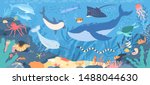 Fish and wild marine animals in ocean. Sea world dwellers, cute underwater creatures, coral reef inhabitants in their natural habitat, undersea fauna of tropics. Flat cartoon vector illustration.