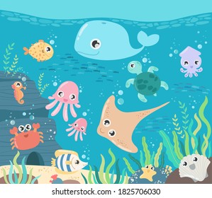 Fish and wild marine animals in ocean. Sea world dwellers, cute underwater creatures, coral reef inhabitants in their natural habitat, undersea fauna of tropics.