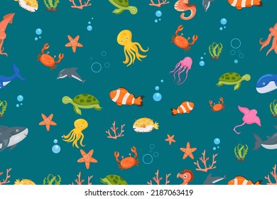 Fish and wild marine animals pattern. Seamless background with cute marine fishes,