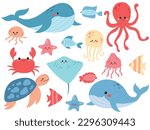 Fish and wild sea animals isolated on white background. Inhabitants of the sea world, cute, funny underwater creatures whales, sea crabs, sea turtles, jellyfish, fish, rays, octopus. Flat cartoon.