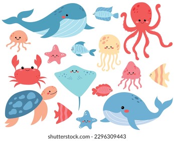 Fish and wild sea animals isolated on white background. Inhabitants of the sea world, cute, funny underwater creatures whales, sea crabs, sea turtles, jellyfish, fish, rays, octopus. Flat cartoon.