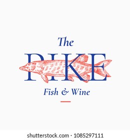 Fish and Wine Abstract Vector Sign, Symbol or Logo Template. Hand Drawn Pike Fish with Classy Retro Typography. Premium Quality Vintage Vector Emblem. Isolated.