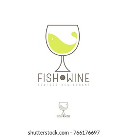 Fish and wine flat logo. Seafood restaurant emblem. A fish and a glass with letters on a white background.