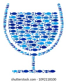 Fish wine glass composition in blue color variations. Vector fish symbols are united into wine glass illustration. Nautical design concept.