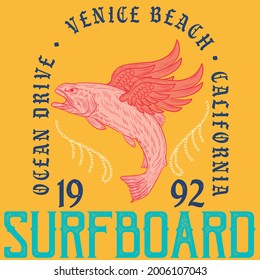 Pescado con alas y texto Surfboard venice beach para el diseño de moda California