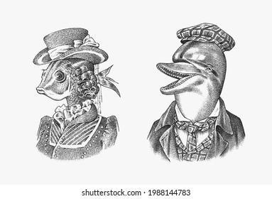 Fish woman and Dolphin man in hat and suit. Victorian lady. Marine mammal. Victorian gentleman. Fashion animal character. Hand drawn sketch. Engraved illustration for and T-shirts or tattoo