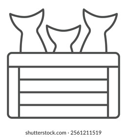 Fish in wooden box thin line icon, fishery delivery concept. Vector graphics. Box with fish sign on white background, outline style icon for mobile or web design