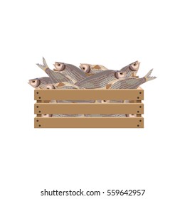 Fish In Wooden Crate. Vector Illustration