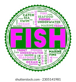 FISH word image. Fish concept with word clouds and round text. Nice colors and grunge texture. Beautiful vector illustration.