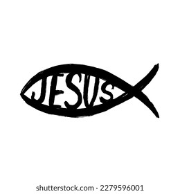 Fisch und Wort Jesus im Grunge-Stil. Ein Symbol des Christentums. Vektorgrafik einzeln auf weißem Hintergrund.