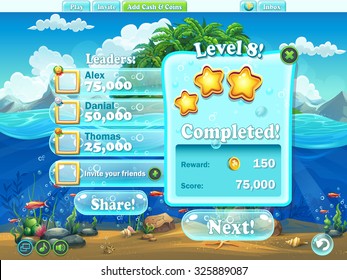 Fish world - Example of window level completion in cartoon style  for video or web design, game user interface