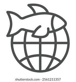 Fish with world globe line icon, world fisheries concept. Vector graphics. Global fishery sign on white background, outline style icon for mobile or web design