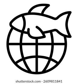 Fish with world globe line icon, world fisheries concept. Vector graphics. Global fishery sign on white background, style mobile or design
