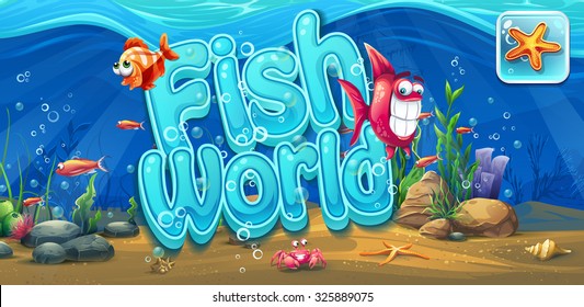 Fish world - horizontal banner, icon for video or web design, game user interface