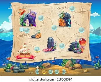 Fish World - Illustration example screen levels, game interface with progress bar, objects, buttons for gaming or web design