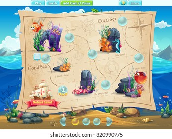 Fish World - Illustration example screen levels, game interface with progress bar, objects, buttons for gaming or web design