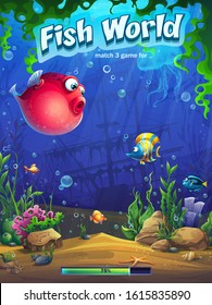 Fish world match 3 - vector illustration loading screen for tablets. Bright background image to create original video or web games, graphic design, screen savers.