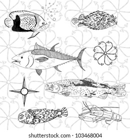 Fish world on pattern background