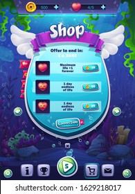 Fish world shop screen vector illustration for tablets. Bright background image to create original video or web games, graphic design, screen savers.