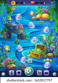 Fish world vertical level seamless - vector illustration map field. Bright background image to create original video or web games, graphic design, screen savers.