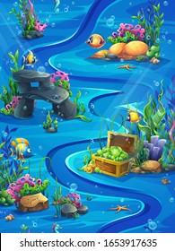 Fish world vertical seamless - vector illustration map field. Bright background image to create original video or web games, graphic design, screen savers.