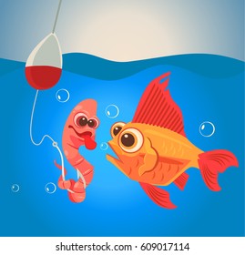 Fish and worm characters. Fishing. Vector flat cartoon illustration