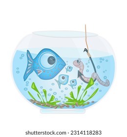 Fish and worm on hook in aquarium isolated on white background. Fishing in the fishbowl. Astonished cartoon fish look to earthworm on fishhook. Bait lure fishes. Fishery concept. Vector illustration