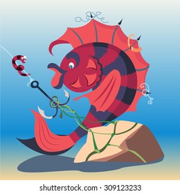 Fish and worm on a hook. Flat cartoon characters. EPS10 vector illustration.