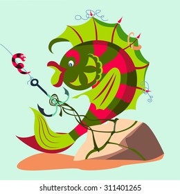 Fish and worm on a hook. Flat cartoon characters. EPS10 vector illustration.
