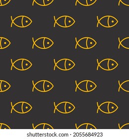 Fish yellow and black linear pattern. Seamless minimal background with marine line animals for textiles, fabrics, paper wrapping. Vector outline minimalistic illustration