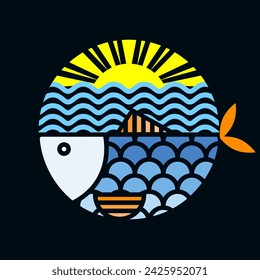 Fish, yellow sun and blue waves design