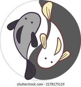 Fish yin-yang. Black and white stylized cartoon aquarium fish. The Eastern horoscope is a symbol of pisces. Zodiac sign yin-yang vector. Vector of fish.