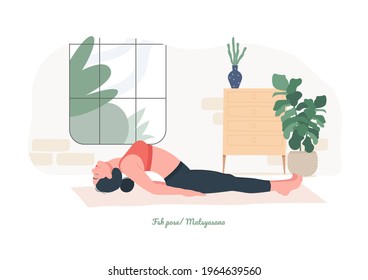 Fish Yoga Pose. Young Woman Practicing Yoga  Exercise. Woman Workout Fitness, Aerobic And Exercises. Vector Illustration.