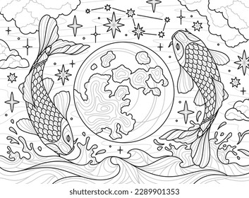 Fish zentangle concept. Mystic and esoteric. Representatives of underwater world near globe and stars. Coloring book as antistress and hobby for children and adults. Cartoon flat vector illustration