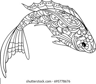 fish zentangle style. Coloring book for adult and kids, antistress coloring pages