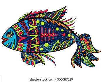 Fish zentangle. Unusual fantasy fish with a lot of zentangle elements. Vector illustration can be used for web design, printed products, surface textures and other crafts.